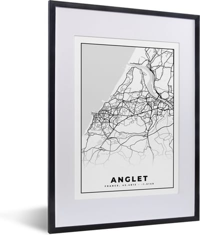 Fotolijst incl. Poster Zwart Wit- Anglet - Stadskaart – Plattegrond – Kaart – Frankrijk - Zwart wit - 30x40 cm - Posterlijst