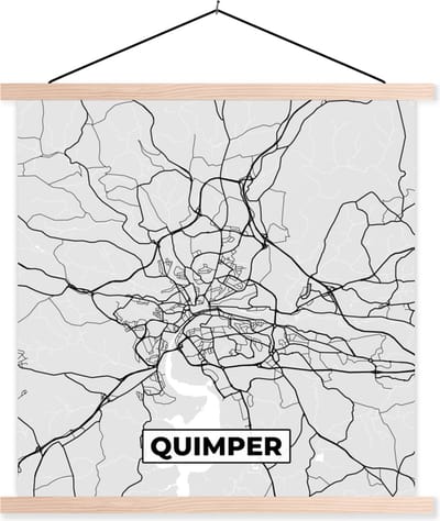 Posterhanger incl. Poster 40x40 cm - Schoolplaat - Plattegrond - Kaart - Stadskaart - Frankrijk - Quimper - Textielposter - Blanke latten - Stadskaart