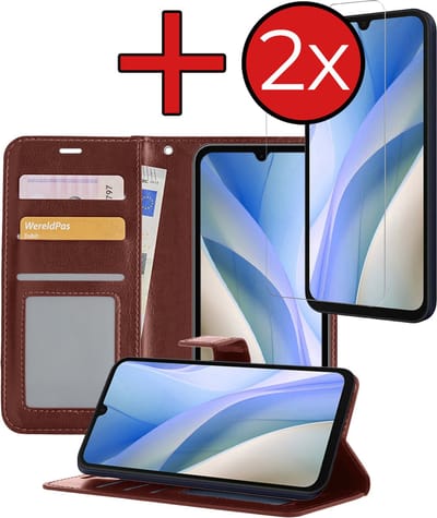 Hoesje - Met 2x Screenprotector - Geschikt voor Samsung Galaxy A15 - Luxe Pasjeshouder - Flip Case - Bookcase Portemonee - Kunstleer Book Case - Flipcase Hoes - Book Cover - Walletcase - Portemonneehoes - Telefoonhoes - Bruin
