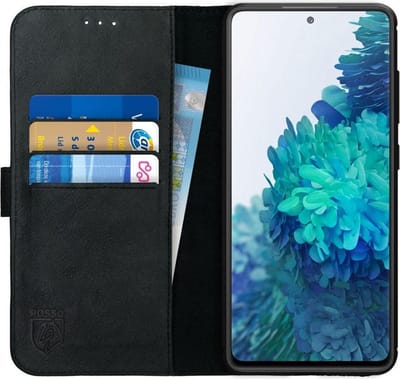 Rosso Deluxe Echt Leer Book Case Hoesje Geschikt voor Samsung Galaxy S20 FE | Ruimte voor drie pasjes | Portemonnee Book Case | Met Pasjeshouder | Zwart
