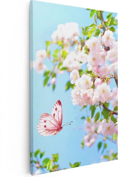 Artaza Canvas Schilderij Kersenbloesem - 40x60 cm - Wanddecoratie Vlinders - Muurdecoratie Bloemen - Schilderijen Op Canvas