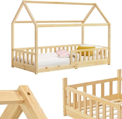 Kinderhuis Bed - Huisbed Kinderkamer - Spelen en Slapen - Met Dak en Valbeveiliging - 90 x 200 cm - Naturel