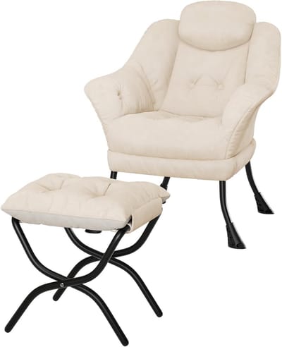 Moderne Fauteuil met Hocker - Verstelbare Loungestoel met Zijvak - Velvet Relaxstoel - Compact Design voor Kleine Ruimtes - Beige