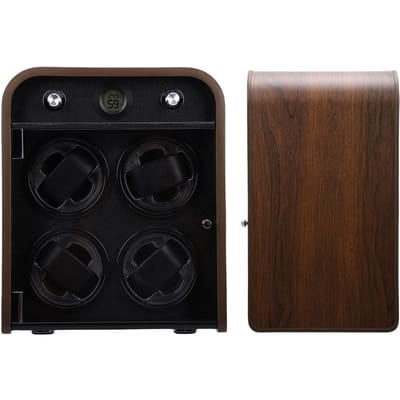 Remontoir de Montre en Bois Affichage Température Humidité Silencieux Vertical 4 Emplacements Remontoir de Montre avec Lumière LED pour Montre Mécanique brown