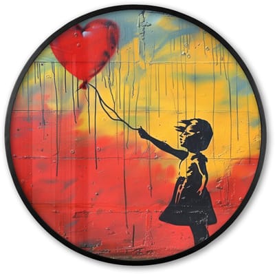 Poster in lijst Rond - Fotolijst 60x60 cm - Posters - Banksy Style - Kleurrijk - Graffiti - Meisje - Street art - Ronde posterlijst zwart - Decoratie - Wanddecoratie woonkamer - Muurdecoratie slaapkamer