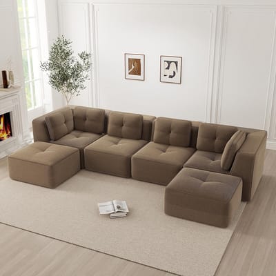 BLACKCOLORS Modulaire bank voor de woonkamer zonder frame, modulaire hoekbank, U-vormige bank met chaise longue, diepe slaapbank, antislipontwerp, geen montage nodig, bruin