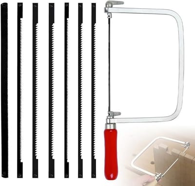Complete Set van 7 Zaagbladen en Scrollzaag Bogen, Handzaag voor Hout en Metaal, 360° Rotatable, Houten Handvat, Veelzijdige Zaag voor Klussen en Hobby's
