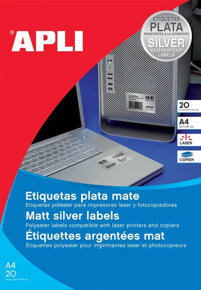 Apli etiketten formaat 210 x 297 mm (b x h) 20 stuks 1 per blad zilver