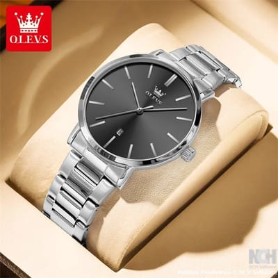 HO-0701.z-zw : Olevs simpel zilverkleurig edelstalen heren quartz horloge, zwarte wijzerplaat, kalenderdag
