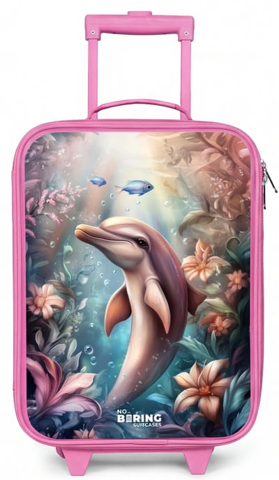 NoBoringSuitcases.com® - Kinderkoffer roze - Kindertrolley meisje - Dolfijn en vissen in onderwater bloemenwereld - Koffer kind lichtgewicht - Reiskoffer trolley voor kinderen - Koffertje met lichtgevende wieltjes - Rolkoffer