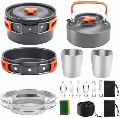 Kampeer Kookset - Serviesset Outdoor - Buiten Koken - Ruimtebesparend Ontwerp - Voor 1-2 Personen - Zilver