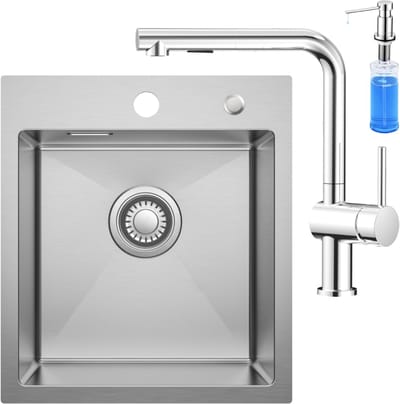 CECIPA max Spoelbak Keuken 40x45CM - Spoelbakken Keuken Met L-uitloop Keukenkraan en Zeepdispenser 300ML - Spoelbakken met Kraangat - Gootsteen RVS - Wasbak Keuken - Enkele Spoelbak - Spoelbakken met afdruip - RVS