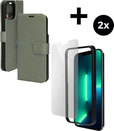 Mobiparts Classic Wallet hoesje geschikt voor Apple iPhone 13 Pro Max met 2 Screenprotectors van Gehard Glas - Groen