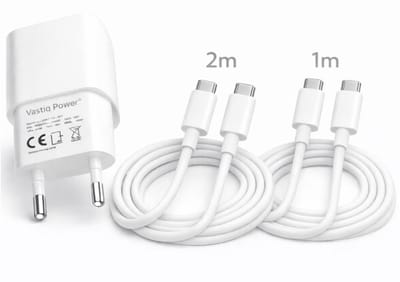 Vastiq Power® USB-C Oplader 20W Snellader Set – Power Delivery Adapter met 1m & 2m 60W USB-C Kabel – Snelladen – Wit