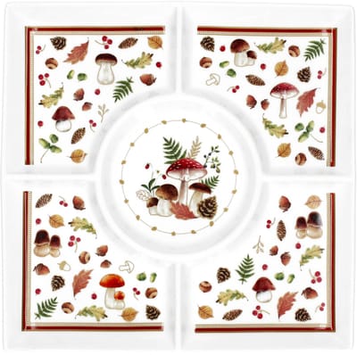 AUTUMN BREEZE vierkante serveerschaal 25x25 cm met paddestoelenmotief van porselein – R2095#AUBR