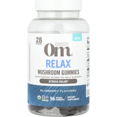 Om Mushrooms, ontspanningspaddenstoel gummies, bosbessen, 56 veganistische gummies