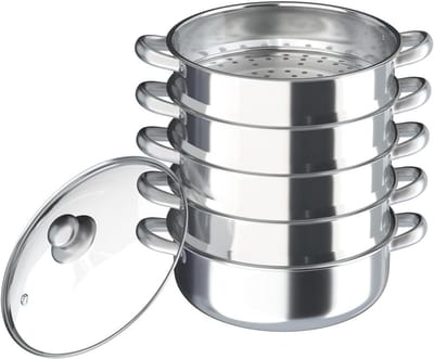 Stoomkoker RVS - Stoompan Set - Gezond Koken - Vijf Etages - 30 cm Diameter - Zilver