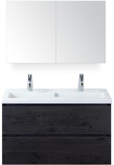 Vogue Badmeubelset 100 cm - Greeplijst in Kleur - Black Oak - Keramische Wastafel Wit 2 Kraangaten met Spiegelkast