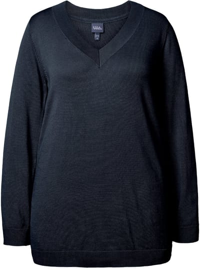 Ulla Popken - Dames - Trui V-hals lange mouw zacht fijn breisel - Marine - Maat 42+