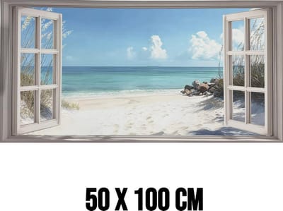 Allernieuwste.nl® Canvas Schilderij Strand Uitzicht met Openslaande Deuren – 50 x 100 cm – Zee Muurdecoratie – Wanddecoratie - Poster