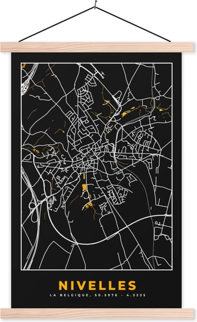 Posterhanger incl. Poster 40x60 cm - Schoolplaat - Goud - Stadskaart - Plattegrond - Nivelles - Kaart - Textielposter - Blanke latten - Stadskaart