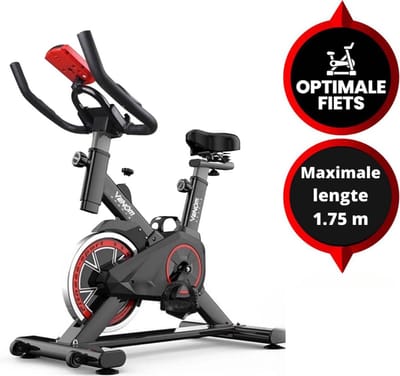 Venom Sports Hometrainer fiets – Hometrainer Fitness - Professionele indoor bike met lage instap – Hoge Stabiliteit – V-belt aandrijving – Tot 175cm en 150kg – Zwart/Rood
