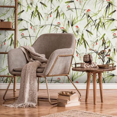 Fotobehang Profhome 393121-GU vliesbehang hardvinyl warmdruk in reliëf glad met bloemmotief mat beige groen zwart rood 1,59 m x 2,8 m