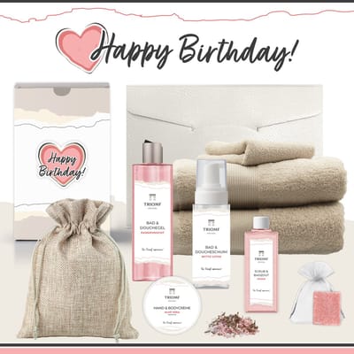 Geschenkset “Happy Birthday!” - 9 producten - 1940 gram - Triomf Cosmetica | Giftset voor haar Cadeau Valentijnsdag Luxe wellness cadeaubox Vrouw Ik hou van jou Cadeaupakket Kerst Geschenk Set Pakket Verjaardag Gift Valentijn Vriendin Roze Crème