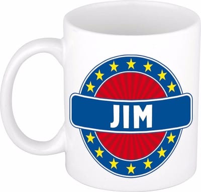 Bellatio Decorations - Jim voornaam - koffiemok - beker - wit/blauw - 300 ml - Cadeau - Heren - Collega - Vaderdag - Verjaardag