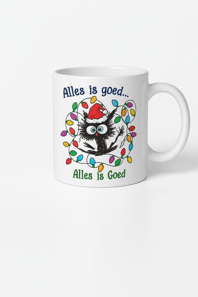 Alles Is Goed Kerst Kat Mok 330ml – Witte Keramische Koffiemok met Schattige Kerstkat & Kerstverlichting – Grappig Nederlands Feestdagen Cadeau