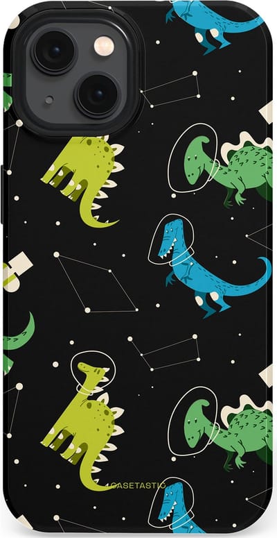 Casetastic hoesje geschikt voor Apple iPhone 13 - MagSafe - Dubbellaagse bescherming - Dino in de sterren - Fashion Case - Zwart Groen
