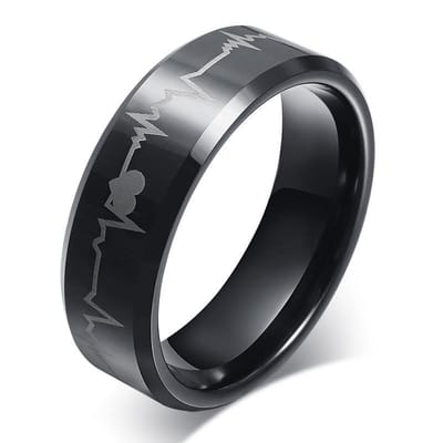 Zwarte Ring met Hartslag Patroon - ECG - Staal - Ringen Heren Mannen Dames Vrouwen - Papa Cadeau Voor Mannen - Vaderdag