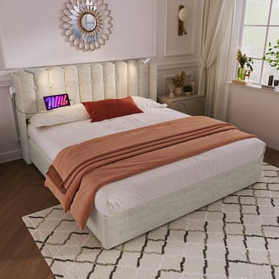 Wishdor – Bedframe 160x200 cm – Met Leeslamp & USB – Hydraulische Opbergruimte – Rustieke Stijl – Linnen Naturel – 300 kg
