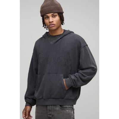 Oversized Boxy Exclusieve Slogan Gotische V-hals Ruwe zoom Bedrukte Gewassen Hoodie | Black | Size Large