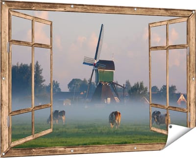 Gards Tuinposter Doorkijk Landschap met Koeien - 150x100 cm - Tuindoek - Tuindecoratie - Wanddecoratie buiten - Tuinschilderij