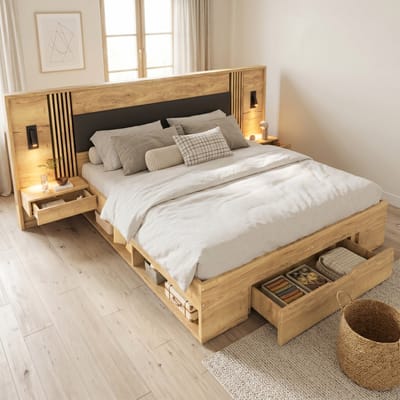 Sweiko Tweepersoonsbed - 180 × 200 cm - Opbergruimte - Inclusief leeslampjes - 2 nachtkastjes - Met lades - Natuurlijke + Zwart