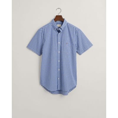 Gant Overhemd Gingham Check Poplin Short Sleeve Button Down College Blue / male