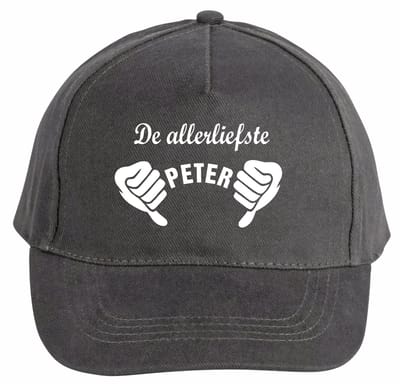 Mijncadeautje - 5 panel - Cap - Verstelbaar - Pet van 100% dik geborsteld katoen- unisex - opdruk wit - De allerliefste Peter - chique grijs