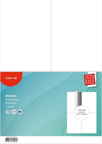 SOHO Etiketten – Stickervellen – Zelfklevende etiketten – Labels – 4 etiketten per vel – Geschikt voor de printer – 10,5 x 14,8 cm – 40 stuks