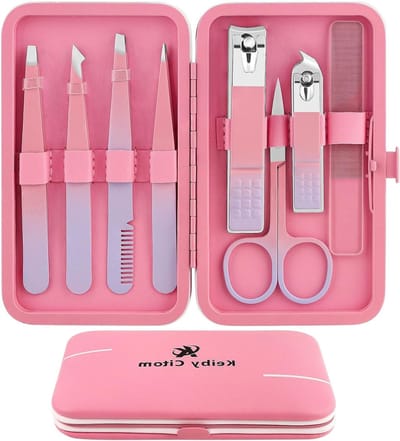 Set van 8 Precisie Pincetten voor Gezichtsbeharing, Ideaal voor Wenkbrauwen en Ingegroeide Haren, Inclusief Nagelknipper en Pincet voor Mannen en Vrouwen (Roze)