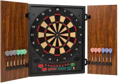 OneConcept - Dartmaster 180 elektronisch dartbord, E-Darts, dartbord voor maximaal 8 spelers, virtuele tegenstander, leddisplays, 12 darts, bruin
