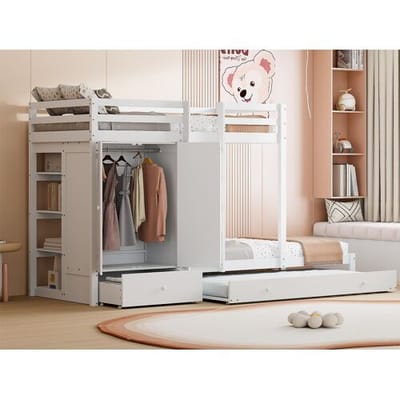 ModernLuxe Gecombineerd stapelbed 2x90x200 cm + onderschuifbed 90x190 cm - met 1 kledingkast, 2 lades en planken - Wit