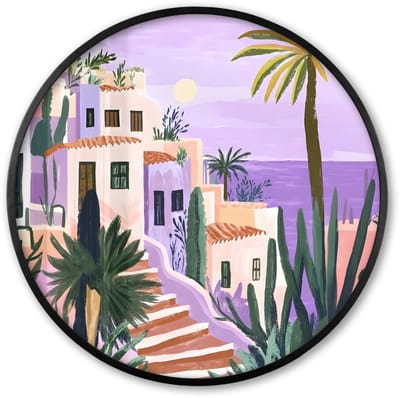 Poster in lijst Rond - Fotolijst 60x60 cm - Posters - Huizen - Minimalistisch - Palmbomen - Kust - Ronde posterlijst zwart - Decoratie - Wanddecoratie woonkamer - Muurdecoratie slaapkamer