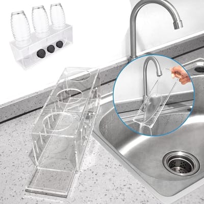 Bottle Holder, Set of 3 Acrylic Glass Dish Drainer Bottles with Drip Tray and Lid Holder, Bottle Drip Rack for Sodastream Crystal Glass Emil Bottles