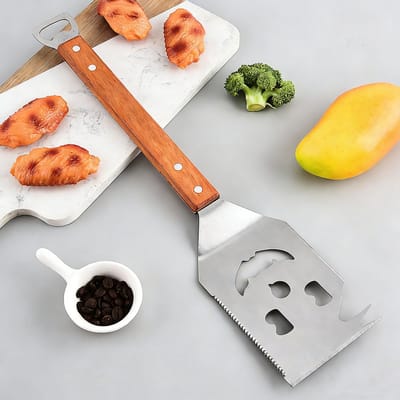 5-in-1 BBQ spatel met flesopener & vork – roestvrij staal & houten handvat voor Outdoor Grill 43cm, Barbecue Gebruiksvoorwerpen Set