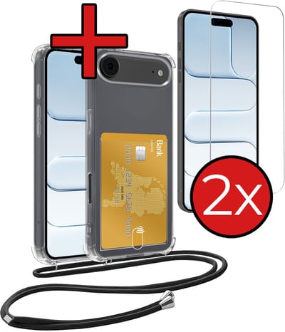 Hoesje Geschikt voor iPhone Air Hoesje Met Telefoonkoord en Pasjeshouder Met 2x Screenprotector Siliconen - Hoes Geschikt voor iPhone Air Hoesje Met Kaarthouder Shock Proof Case - Transparant