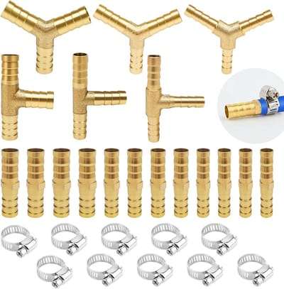 18 stuks messing slangverbinders met 10 slangklemmen | Recht, T en Y modellen | Maten 6 mm, 8 mm, 10 mm voor optimale verbindingen