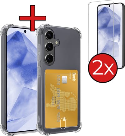 Hoesje - Geschikt voor Samsung Galaxy A55 - Met 2x Screenprotector - Pashouder - Kaarthouder - Back Cover - Telefoon Hoes Shockproof - Siliconen Case - Shock Proof - Pasjes Houder - Telefoonhoes - Transparant
