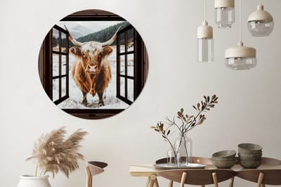 WallCircle - Wandcirkel - Muurcirkel - Schotse Hooglander - Landschap - Landelijk - Bergen - Winter - Doorkijk - Donker - Aluminium - Dibond - 120x120 cm - Binnen en Buiten XXL