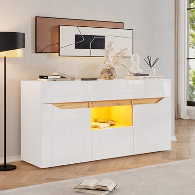 Wishdor Dressoir - Hoogglans Front - Met Ledverlichting - 4 Lades En 2 Kasten - Spaanplaat - Wit En Natuurhout - 140 X 40 X 70 Cm